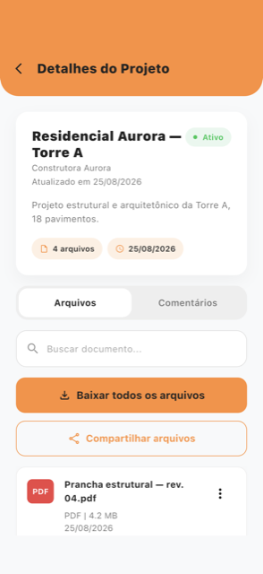 Tela de detalhes do projeto no aplicativo, com as abas Arquivos e Comentários, busca de documento e os botões Baixar todos os arquivos e Compartilhar arquivos.