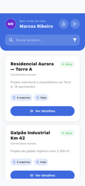 O mesmo aplicativo exibido com a cor azul de outra empresa, demonstrando a personalização de marca.